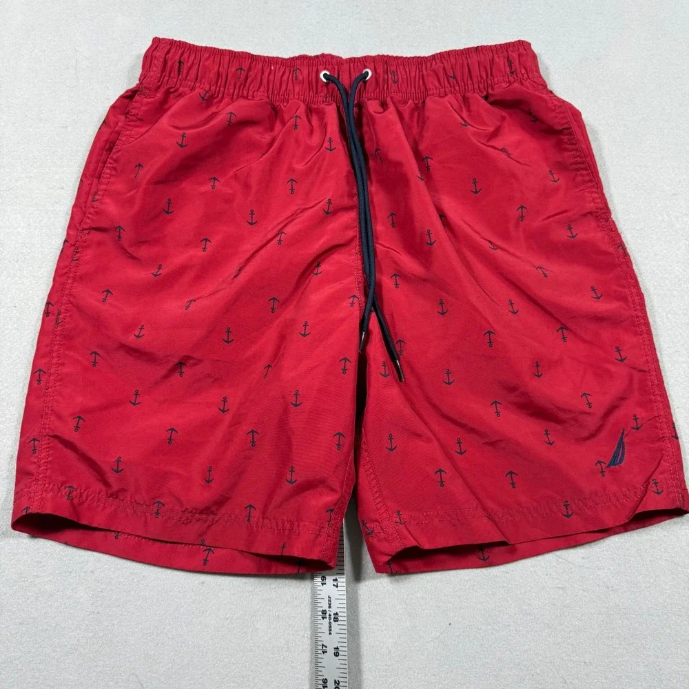 Nautica Mens Red Anchor Print Swim Trunks Drawstring Board Shorts Size S